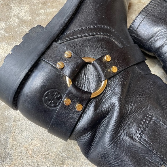 Rare Tory Burch Moto Boot Black Gold Leather Ronnie Biker Lug Sole Womens 7.5 - Picture 5 of 14